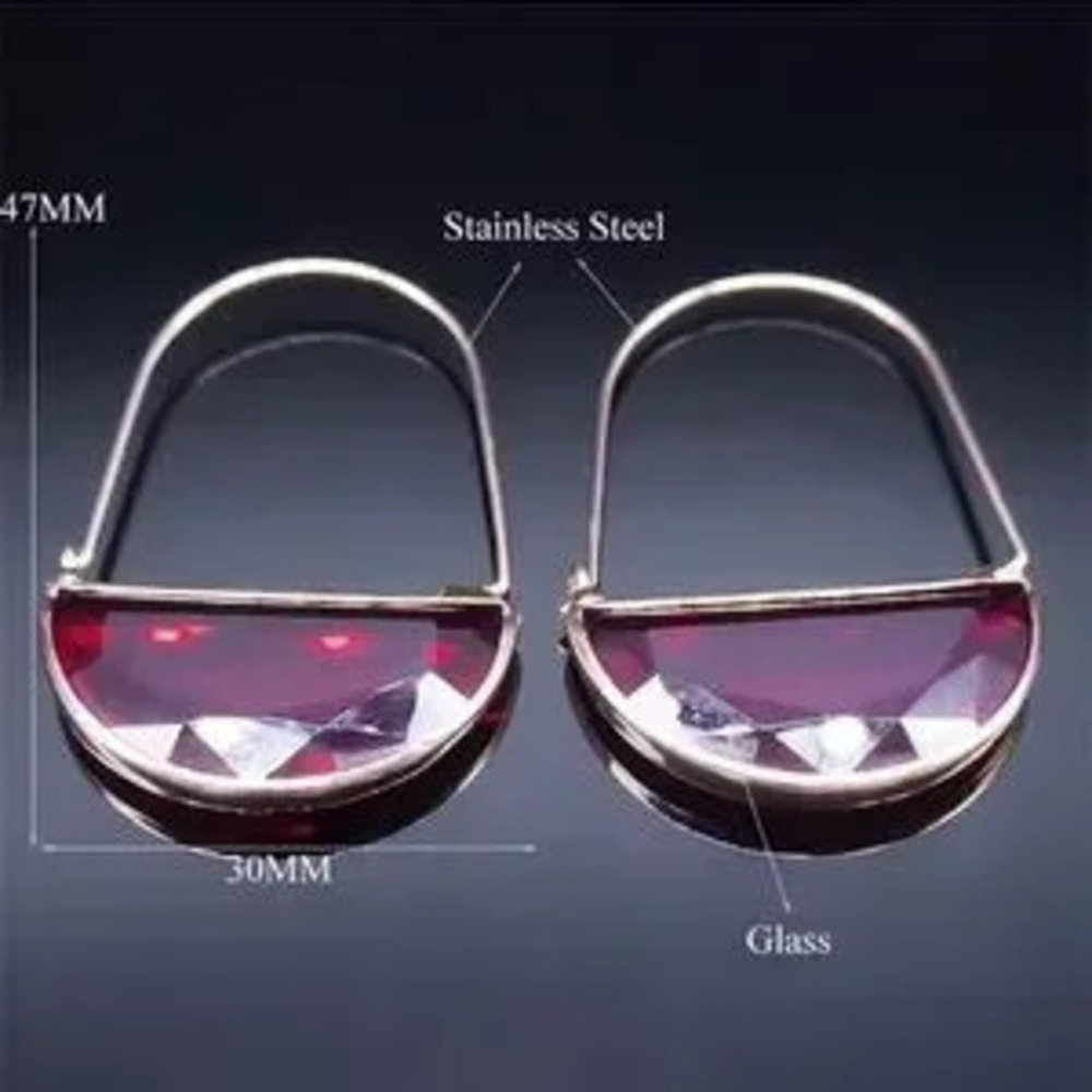 Ruby Red Glass Crescent Hoop Gold Earrings - Picture 6 of 6